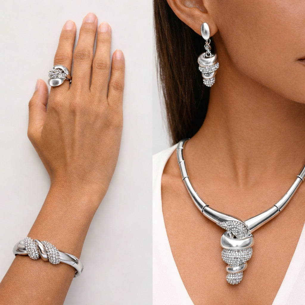 Parure Complète Argentée avec Collier, Bracelet, Bague et Boucles d’Oreilles