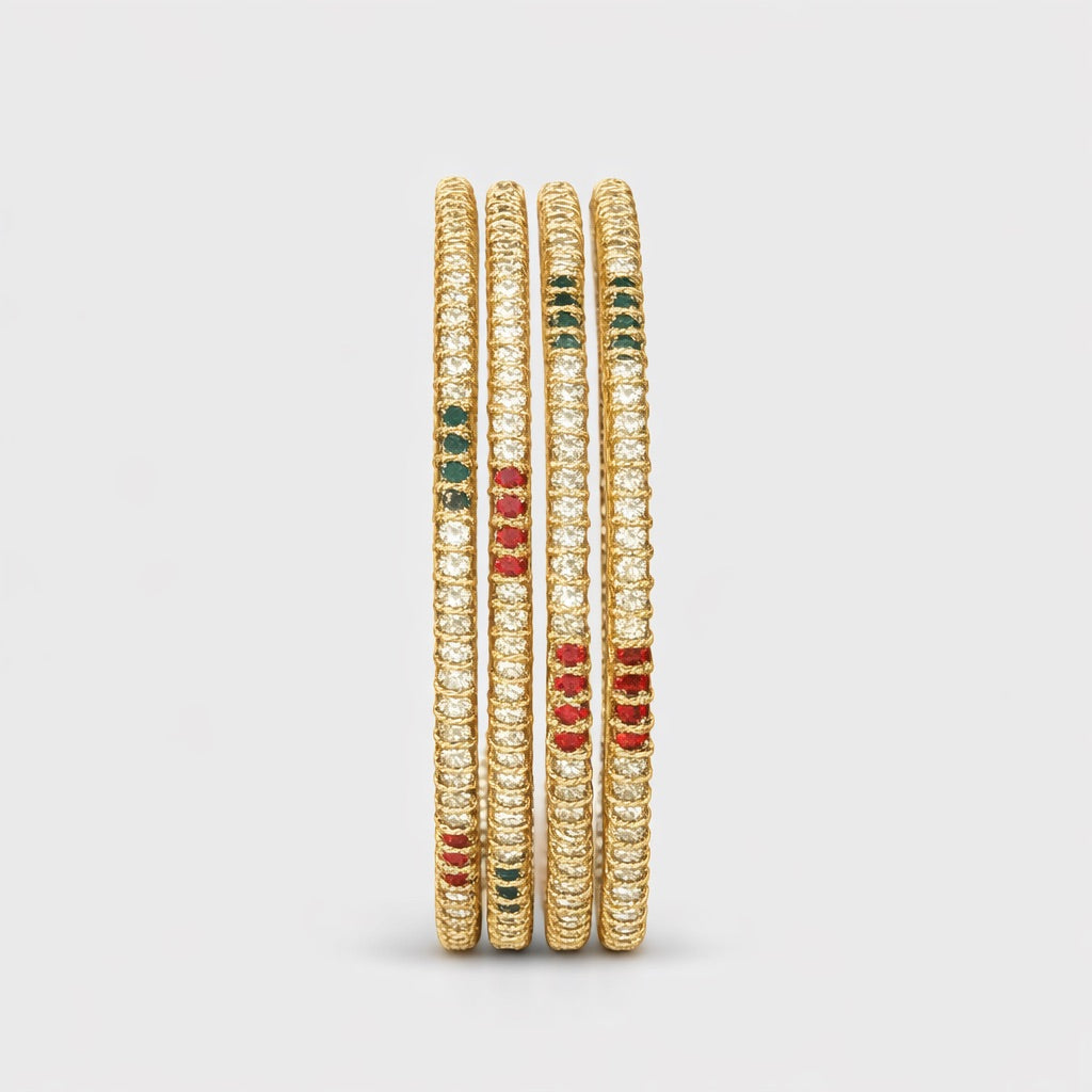 Lot de 4 Bracelets Fins Plaqué Or avec Pierres Blanches, Rouges et Vertes