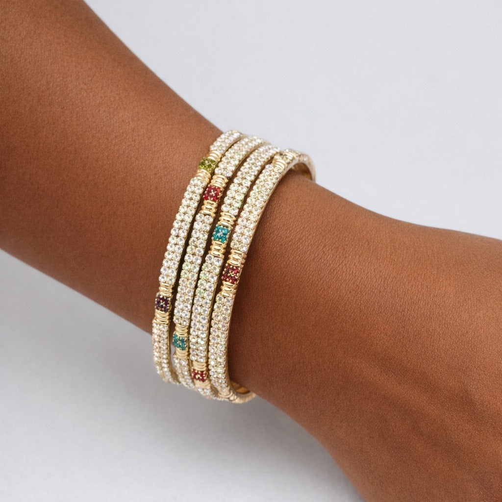 Lot de 4 Bracelets à Pierres Blanches & Multicolores (Rouge, Vert, Bleu et Violet)