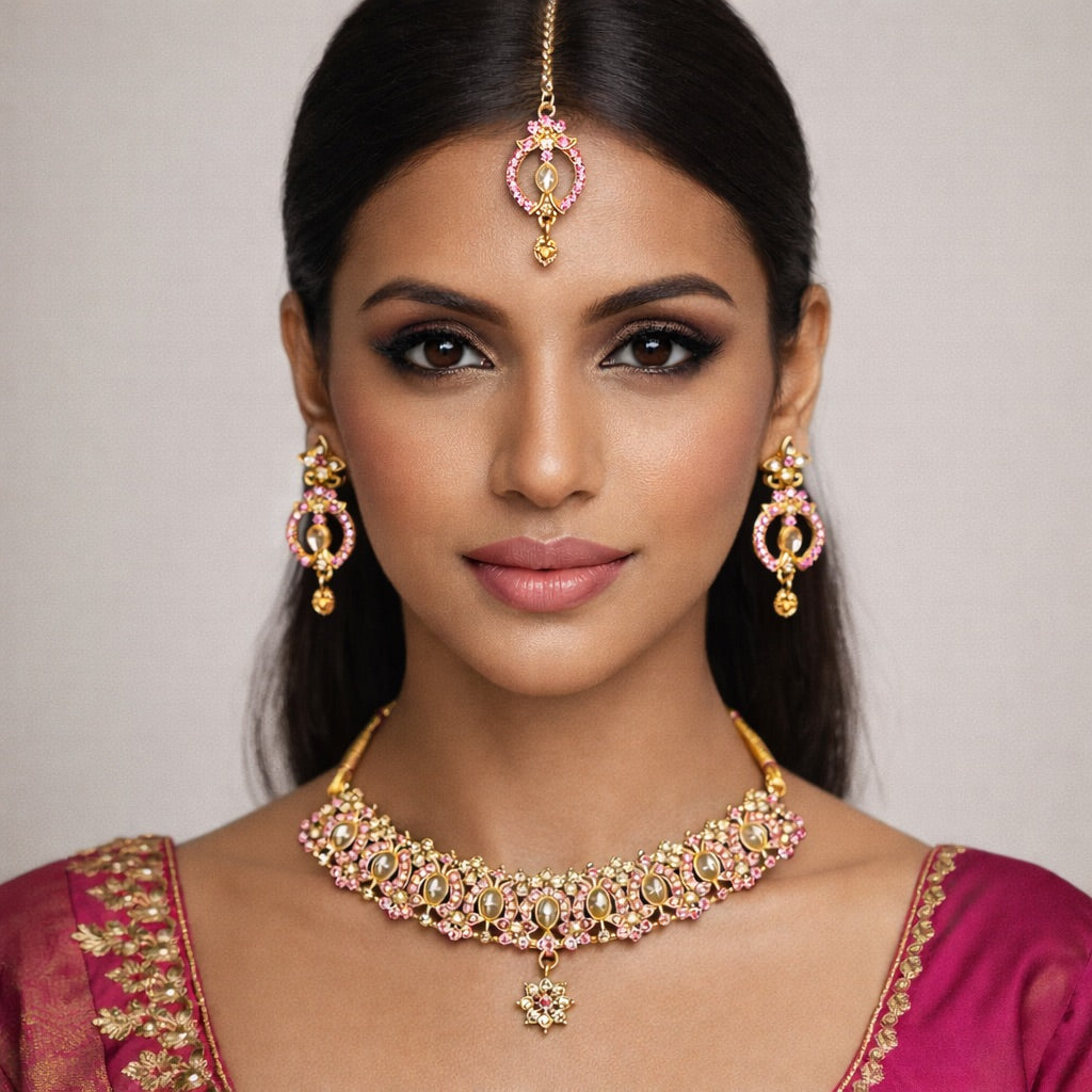 Parure Complète avec Bijou de Tête, Collier et Boucles d’Oreilles Ornés de Pierres Colorés