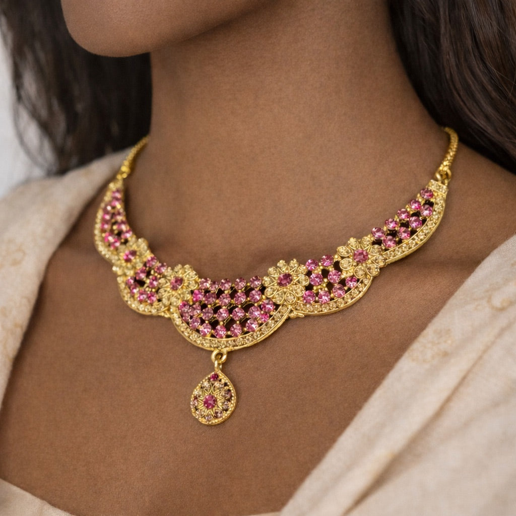 Parure Complète avec Bijou de Tête, Collier et Boucles d’Oreilles Doré Ornés de Pierres Colorés