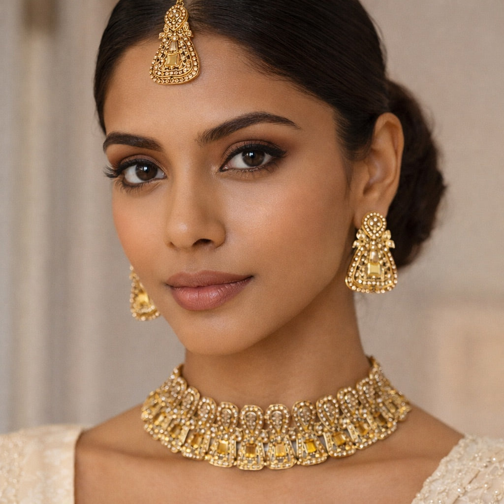 Parure Doré Complète avec Bijou de Tête, Collier et Boucles d’Oreilles Ornés de Pierres Colorés
