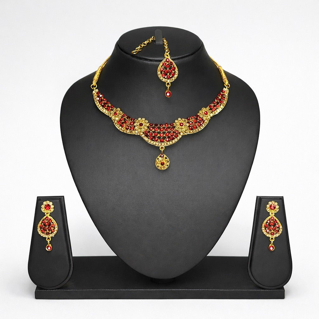 Parure Complète avec Bijou de Tête, Collier et Boucles d’Oreilles Doré Ornés de Pierres Colorés