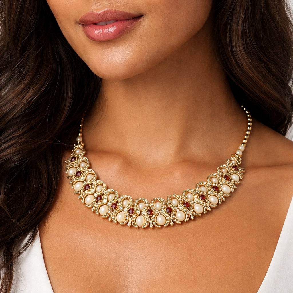 Parure Complète Dorée avec Perles et Strass Colorés – Collier, Bracelet, Bague et Boucles d’Oreilles