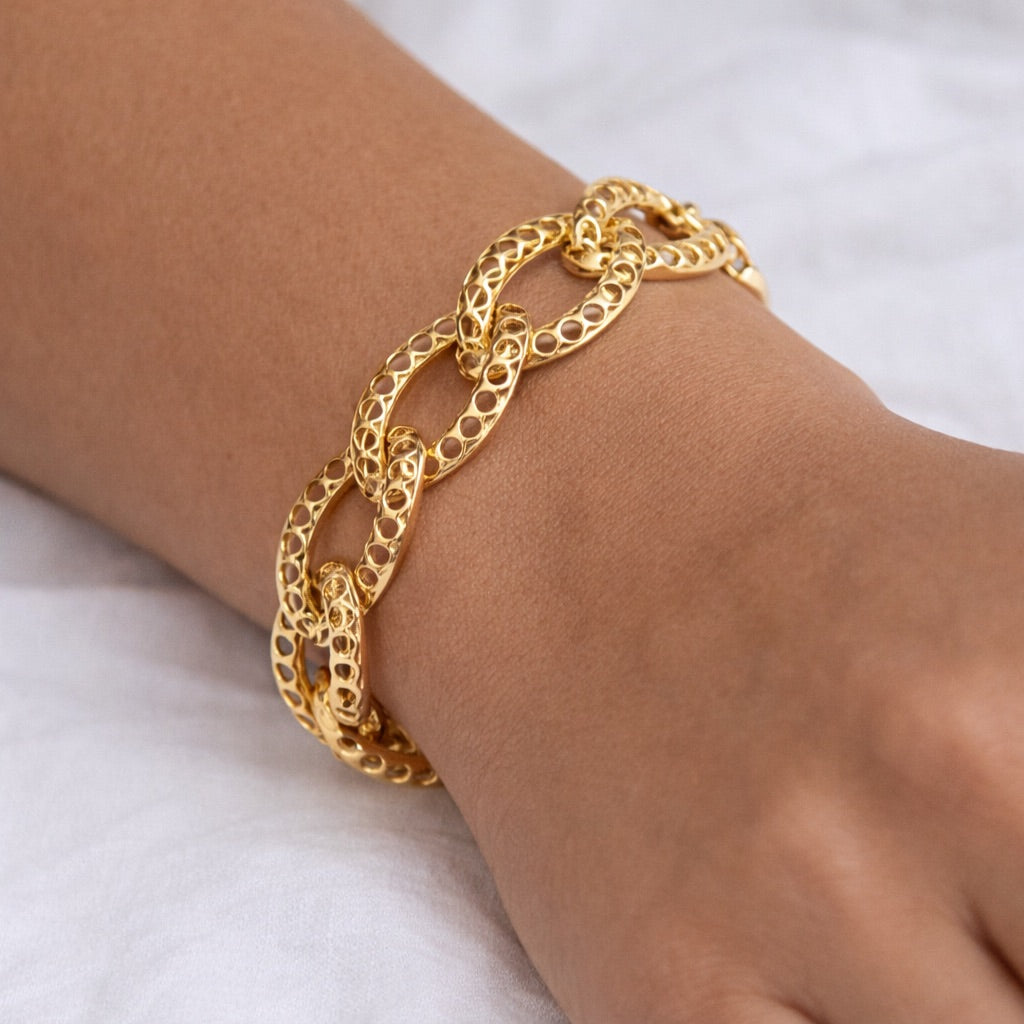 Parure Complète Plaqué Or à Maillons Ajourés avec Collier, Bracelet, Bague et Boucles d’Oreilles