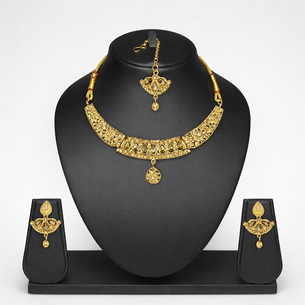 Parure Complète Doré avec Bijou de Tête, Collier et Boucles d’Oreilles Ornés de Pierres Colorés