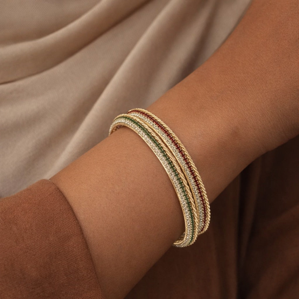 Lot de 2 Bracelets à Pierres Blanches et Bandes Rouges et Vertes