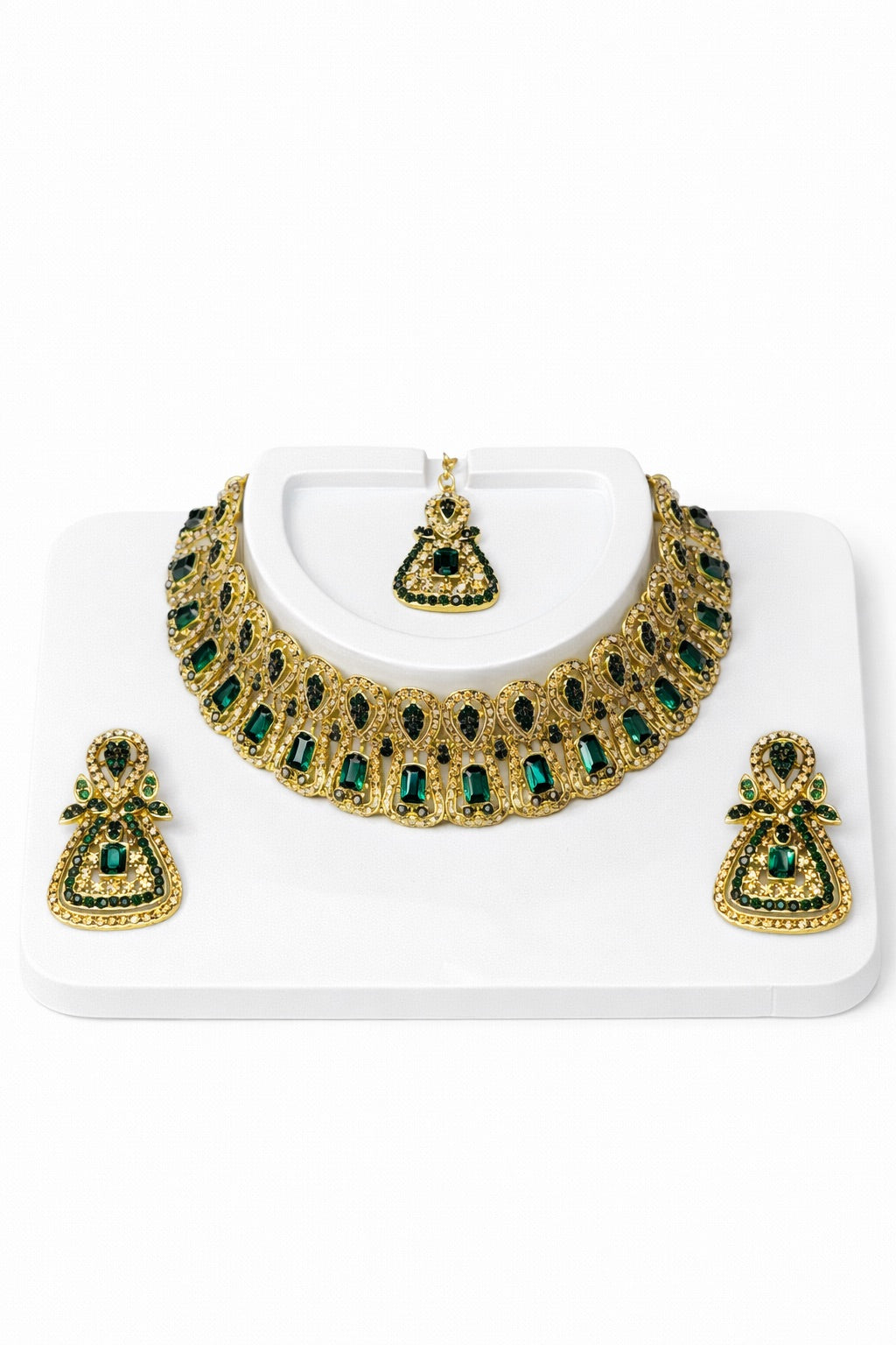 Parure Doré Complète avec Bijou de Tête, Collier et Boucles d’Oreilles Ornés de Pierres Colorés