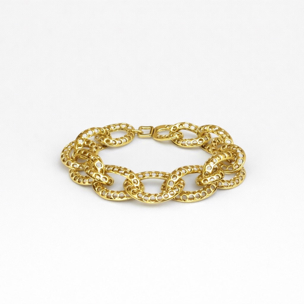 Parure Complète Plaqué Or à Maillons Ajourés avec Collier, Bracelet, Bague et Boucles d’Oreilles