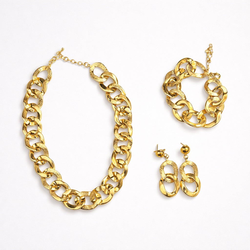 Parure Plaqué Or à Maillons Texturés avec Collier, Bracelet et Boucles d’Oreilles