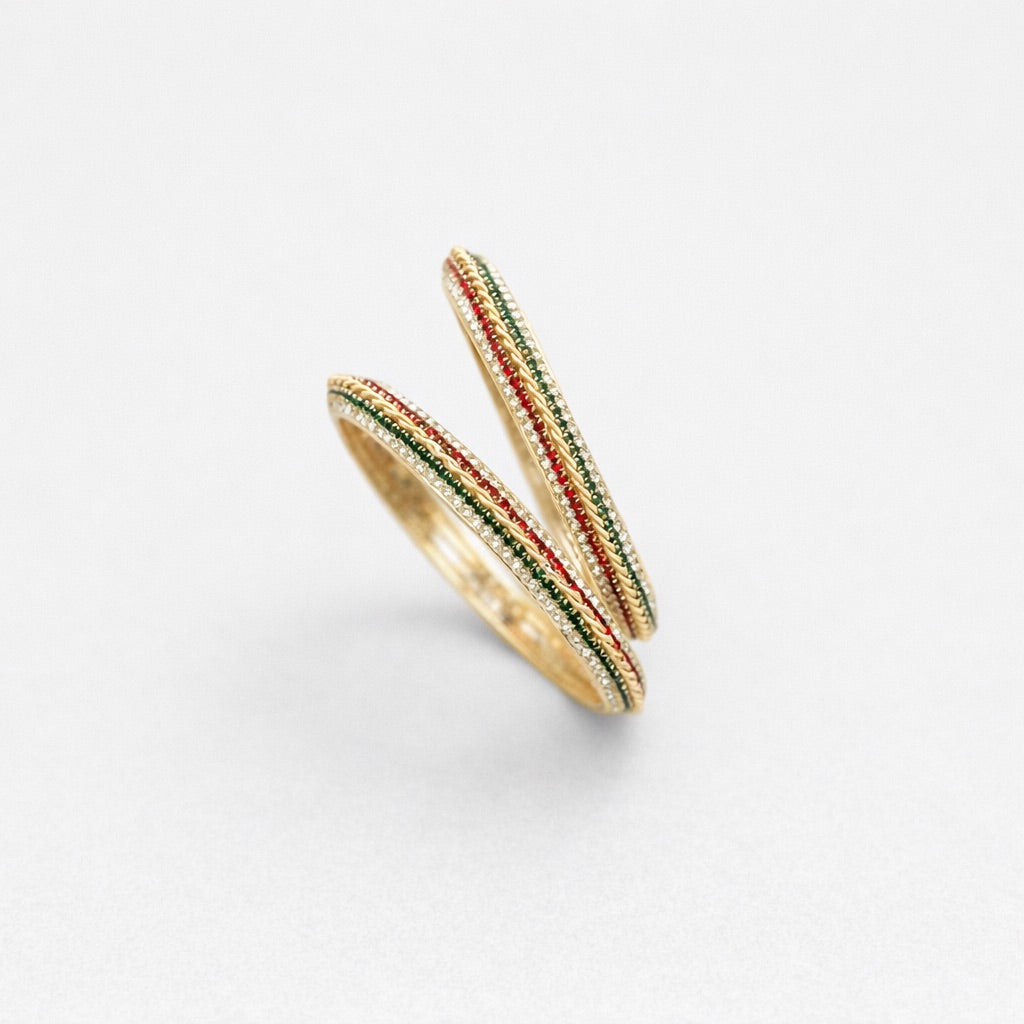 Lot de 2 Bracelets à Pierres Blanches et Bandes Rouges et Vertes