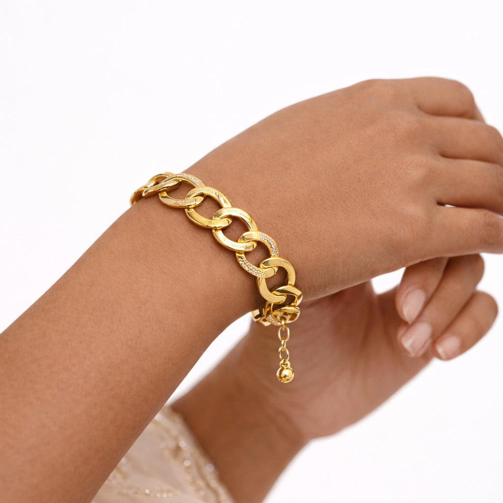 Parure Plaqué Or à Maillons Texturés avec Collier, Bracelet et Boucles d’Oreilles