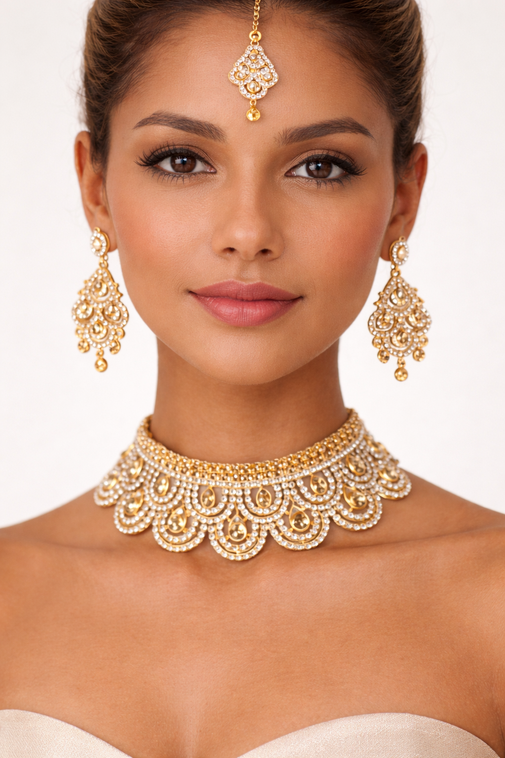 Parure dorée avec bijou de tête, collier et boucles d’oreilles ornés de strass – plusieurs couleurs disponibles