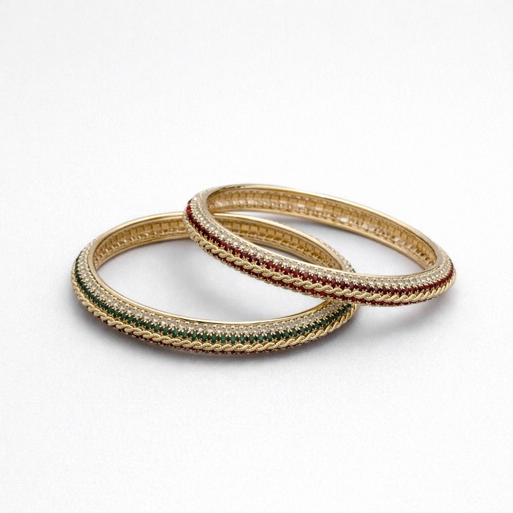 Lot de 2 Bracelets à Pierres Blanches et Bandes Rouges et Vertes