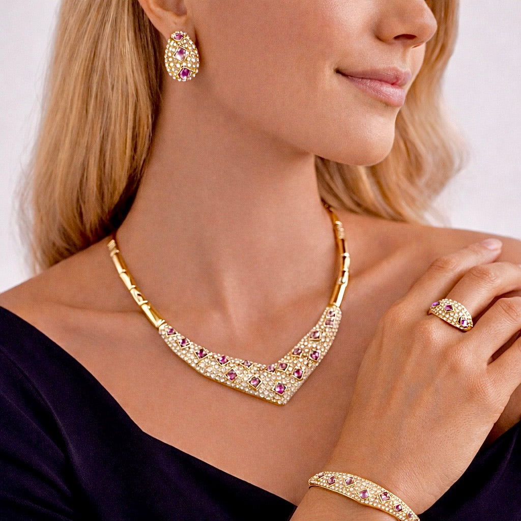 Parure Complète avec Pierres Colorées – Collier, Bracelet, Bague et Boucles d’Oreilles