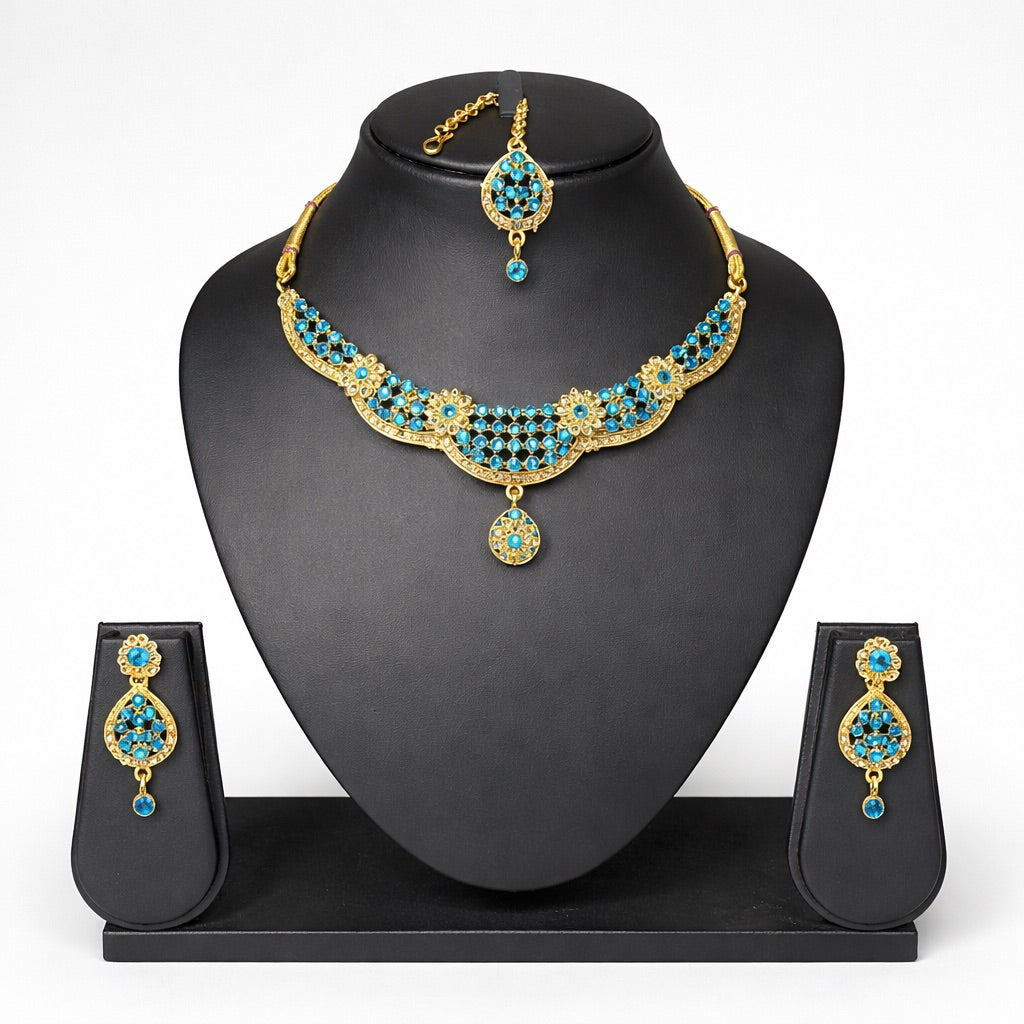 Parure Complète avec Bijou de Tête, Collier et Boucles d’Oreilles Doré Ornés de Pierres Colorés