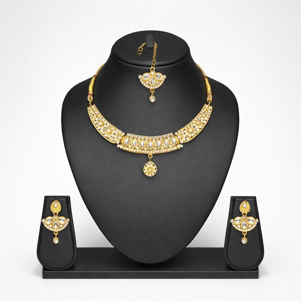 Parure Complète Doré avec Bijou de Tête, Collier et Boucles d’Oreilles Ornés de Pierres Colorés