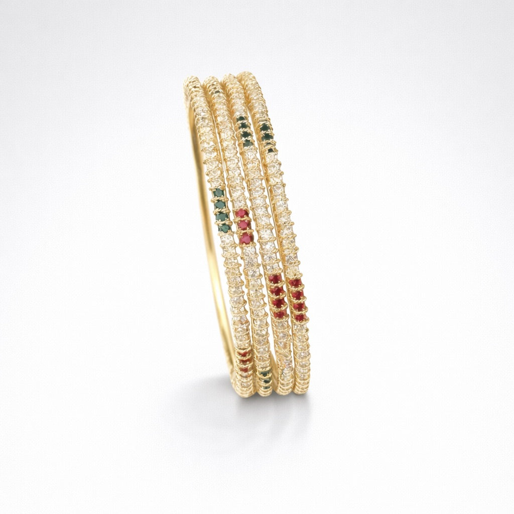 Lot de 4 Bracelets Fins Plaqué Or avec Pierres Blanches, Rouges et Vertes