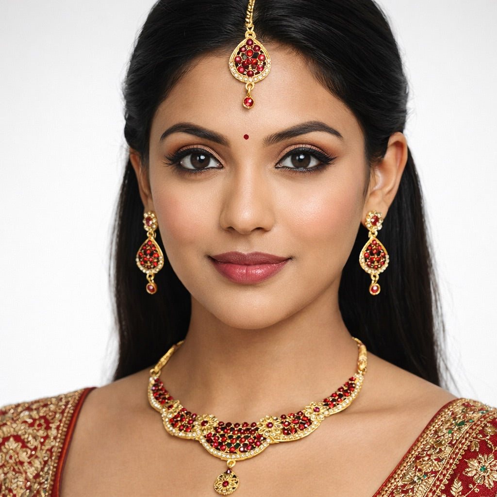 Parure Complète avec Bijou de Tête, Collier et Boucles d’Oreilles Doré Ornés de Pierres Colorés