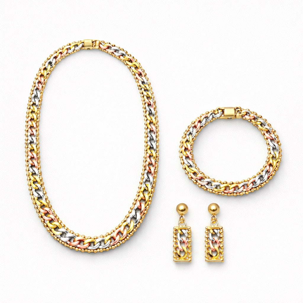 Parure 3 Pièces Collier, Bracelet et Boucles d’Oreilles Tressage Élégant Multicolore – Doré, Argenté et Rose Gold