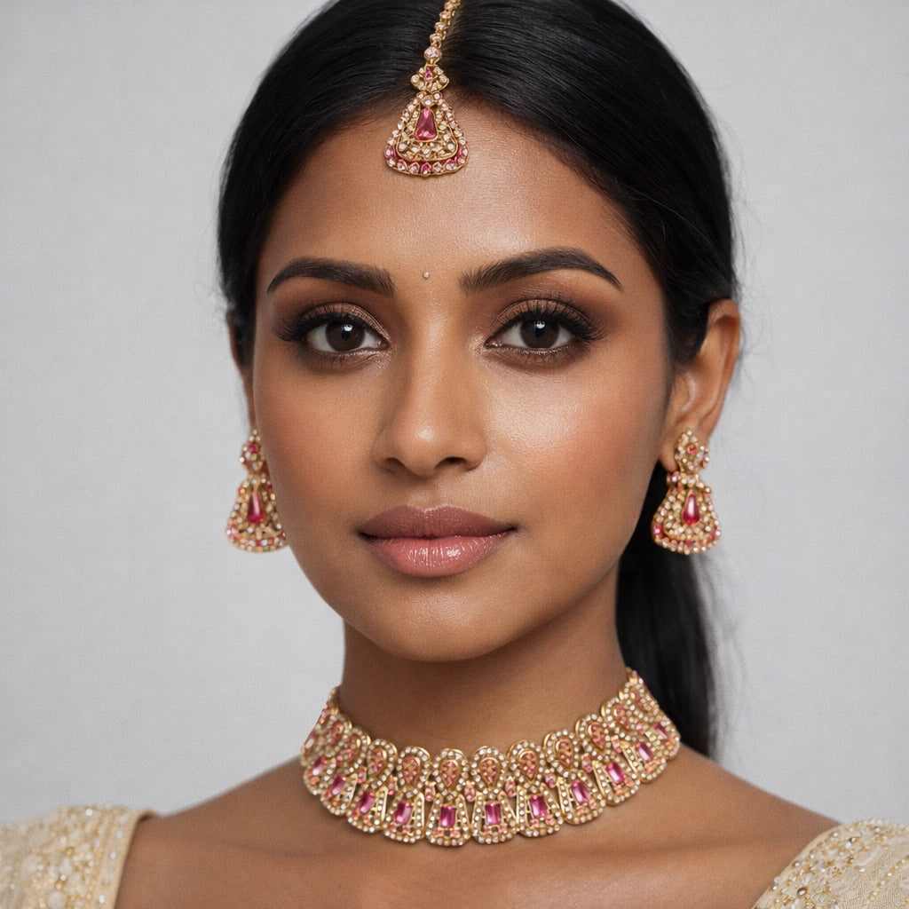 Parure Doré Complète avec Bijou de Tête, Collier et Boucles d’Oreilles Ornés de Pierres Colorés