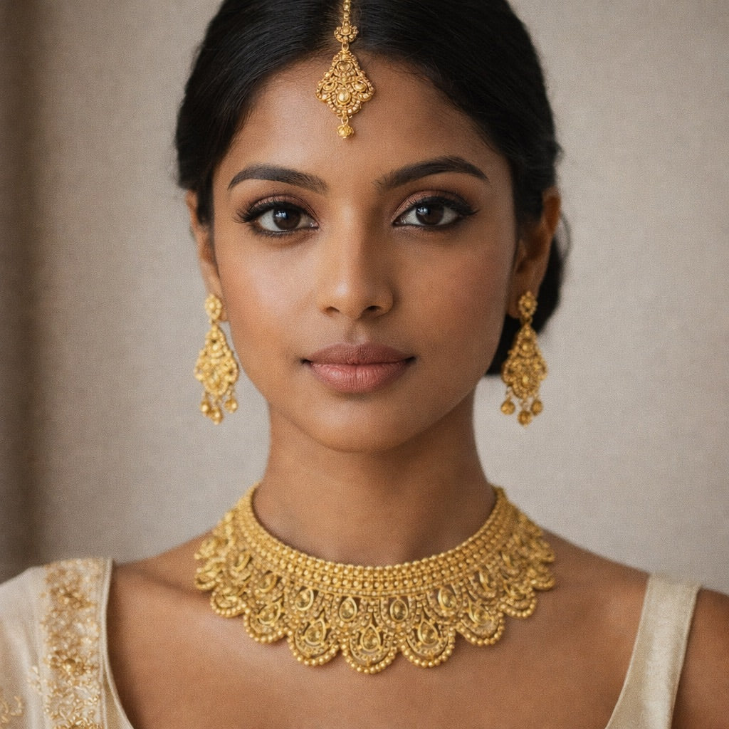 Parure dorée avec bijou de tête, collier et boucles d’oreilles ornés de strass – plusieurs couleurs disponibles