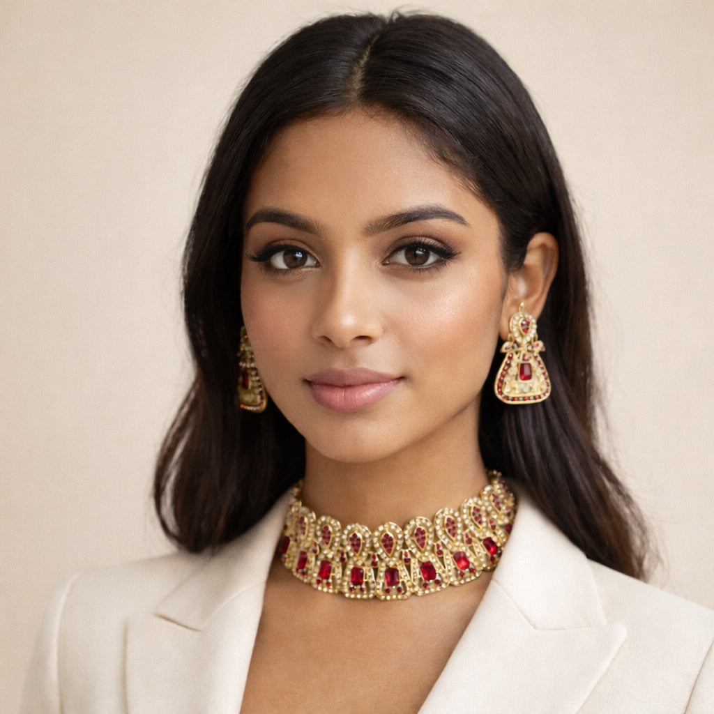 Parure Doré Complète avec Bijou de Tête, Collier et Boucles d’Oreilles Ornés de Pierres Colorés
