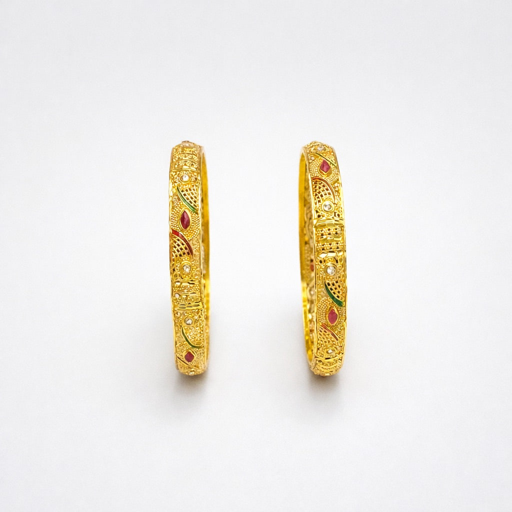 Lot de 2 Bracelets Indiens Plaqué Or avec Pierres Rouges, Vertes et Strass Blancs