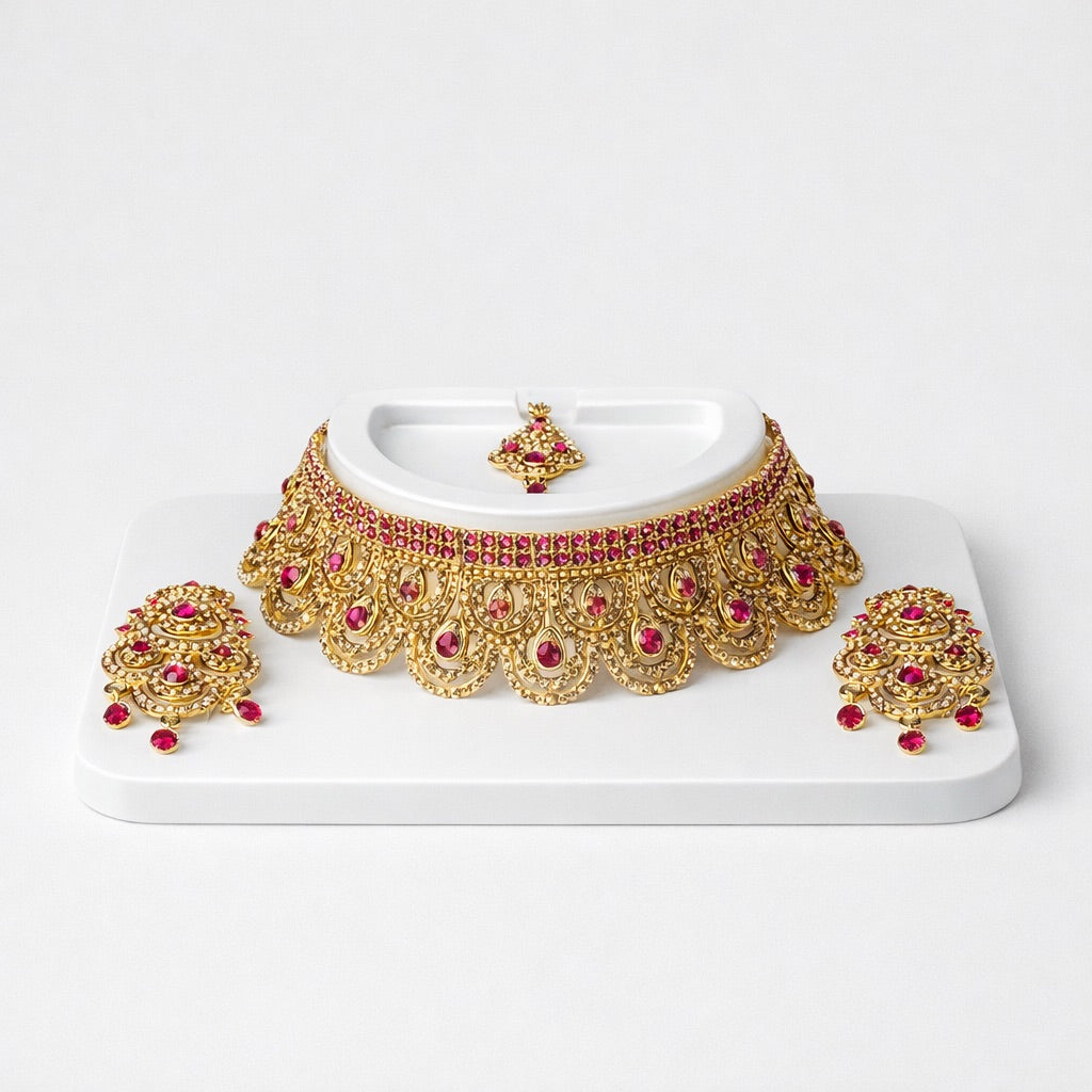 Parure dorée avec bijou de tête, collier et boucles d’oreilles ornés de strass – plusieurs couleurs disponibles