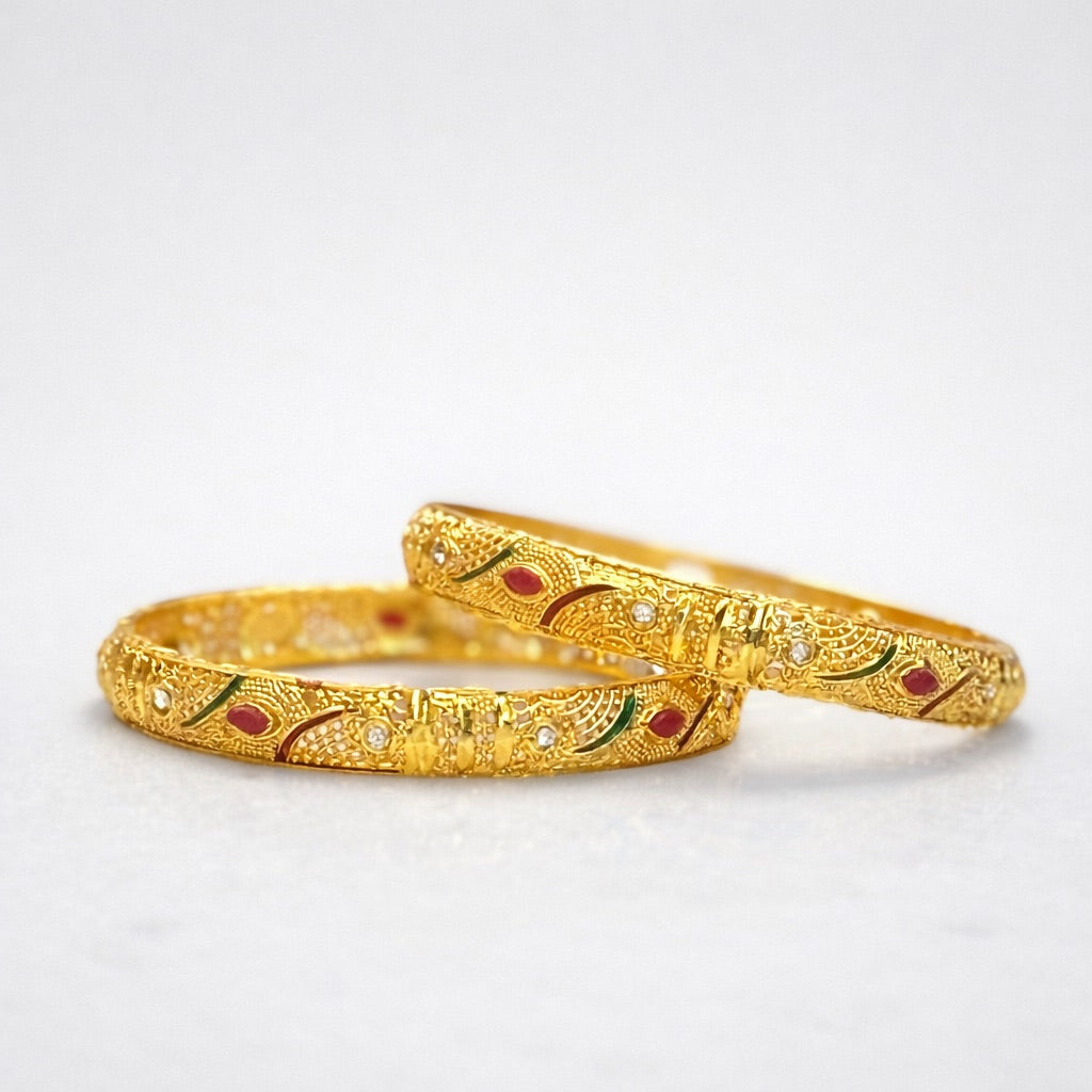 Lot de 2 Bracelets Indiens Plaqué Or avec Pierres Rouges, Vertes et Strass Blancs