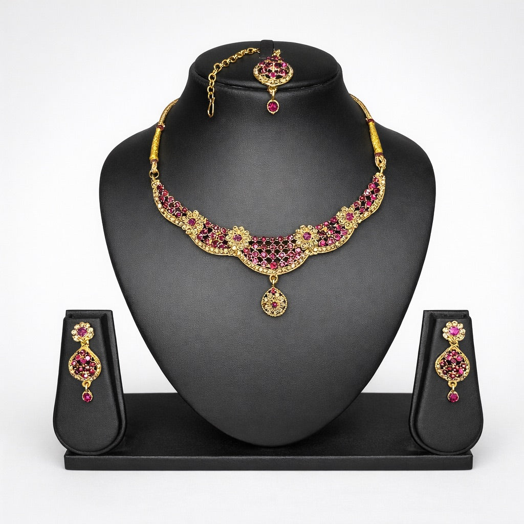 Parure Complète avec Bijou de Tête, Collier et Boucles d’Oreilles Doré Ornés de Pierres Colorés