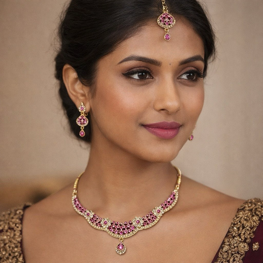 Parure Complète avec Bijou de Tête, Collier et Boucles d’Oreilles Doré Ornés de Pierres Colorés