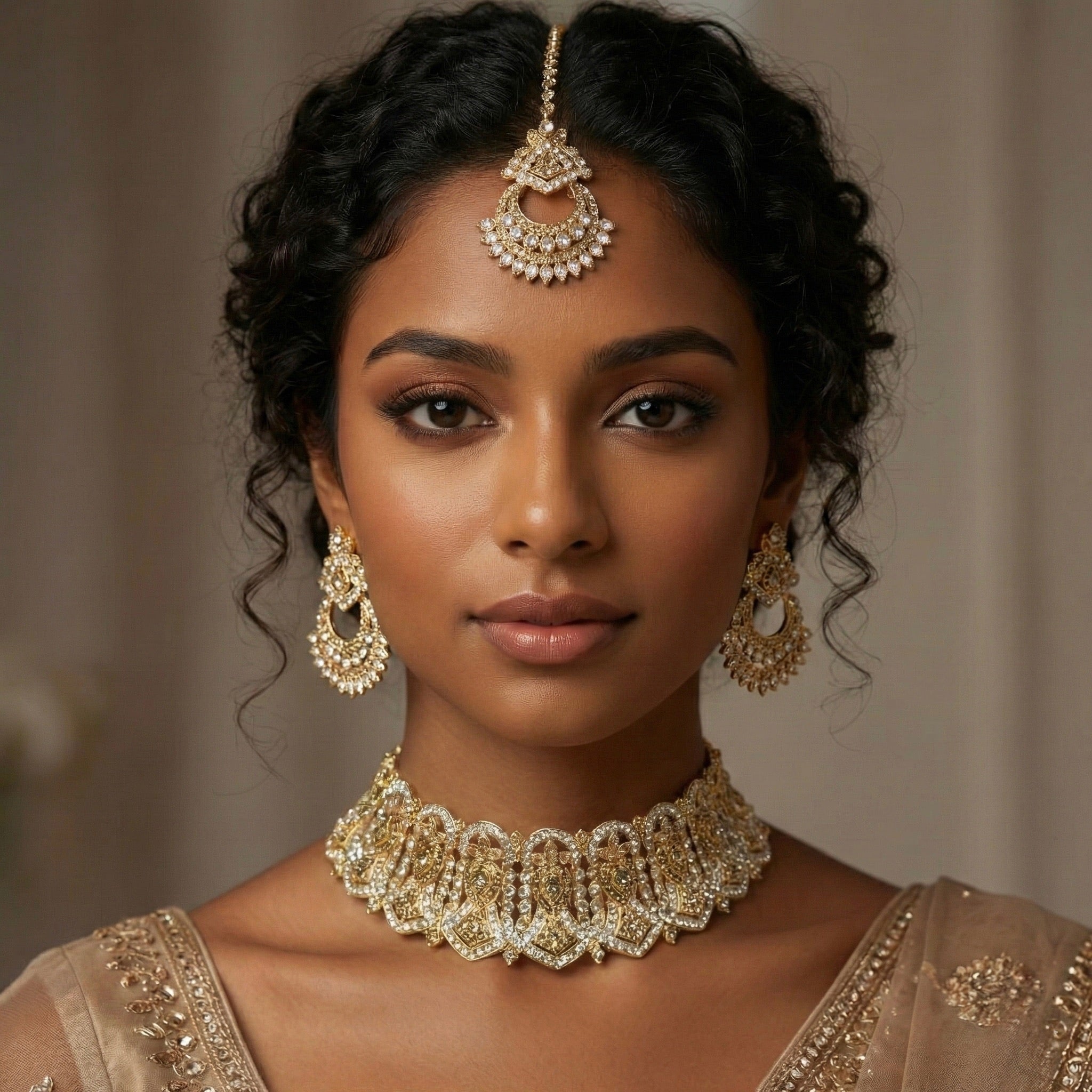 Parure Doré Complète avec Bijou de Tête, Collier et Boucles d’Oreilles Ornés de Pierres Colorés