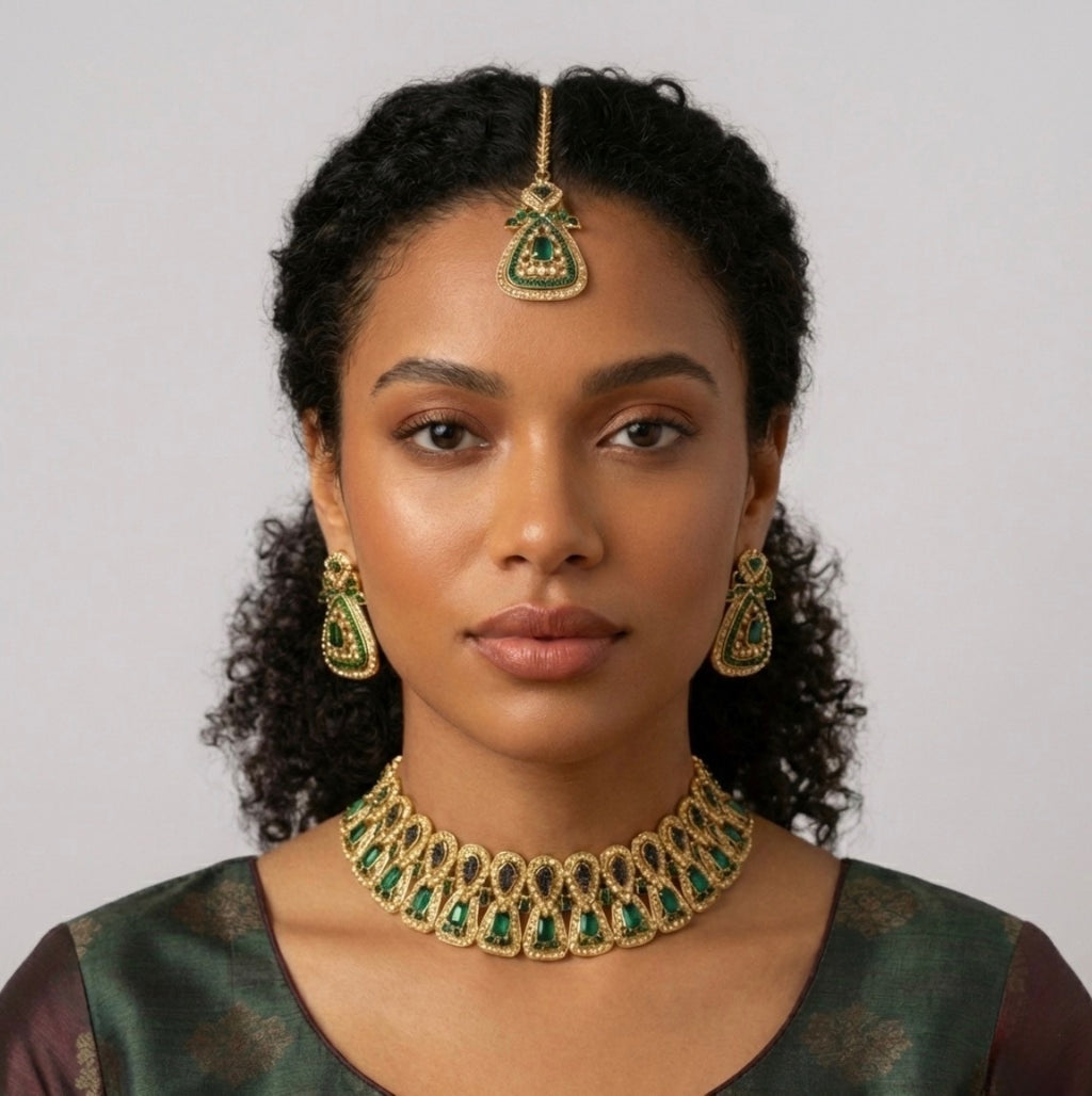 Parure Doré Complète avec Bijou de Tête, Collier et Boucles d’Oreilles Ornés de Pierres Colorés