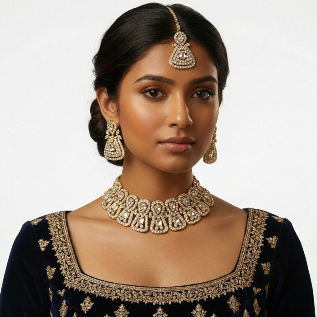 Parure Doré Complète avec Bijou de Tête, Collier et Boucles d’Oreilles Ornés de Pierres Colorés