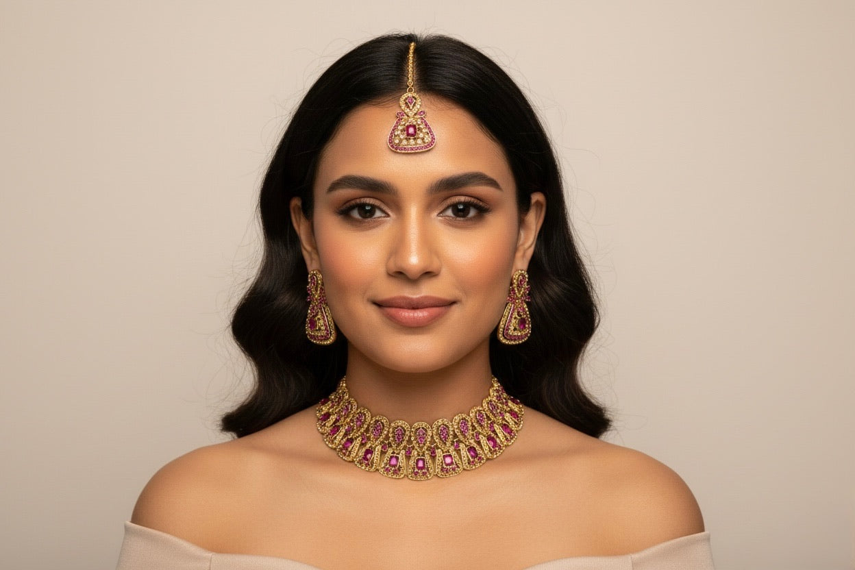 Parure Doré Complète avec Bijou de Tête, Collier et Boucles d’Oreilles Ornés de Pierres Colorés