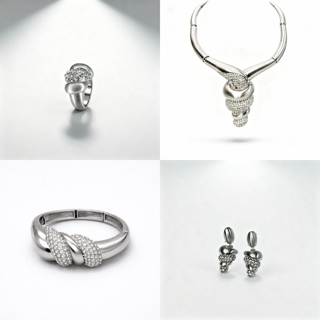 Parure Complète Argentée avec Collier, Bracelet, Bague et Boucles d’Oreilles