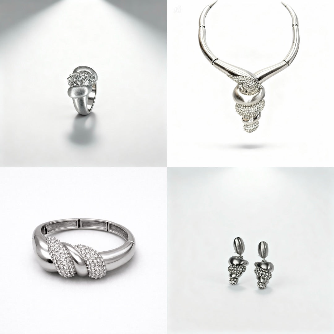 Parure Complète Argentée avec Collier, Bracelet, Bague et Boucles d’Oreilles